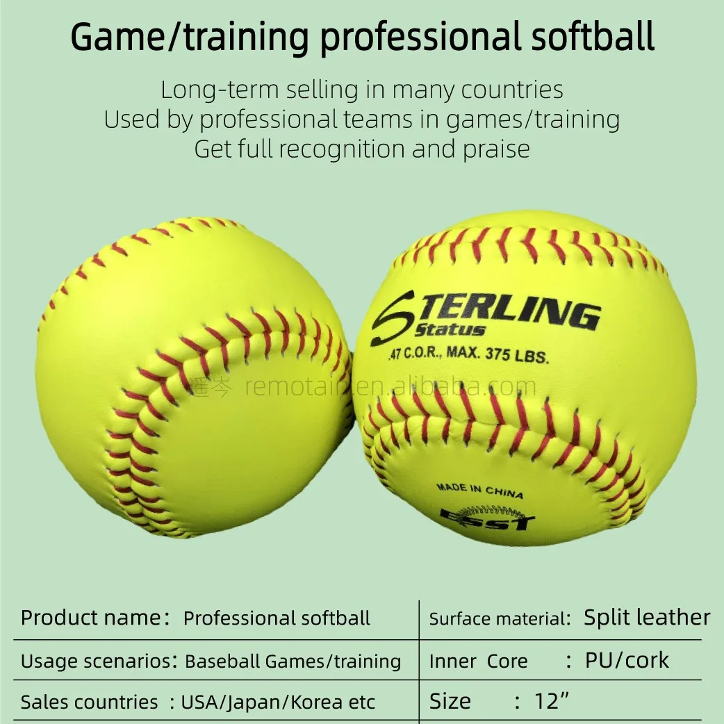 Custom Logo Professional Softball 12 inch PU/Cork core yellow split leather sports game training softball balls Standard Size