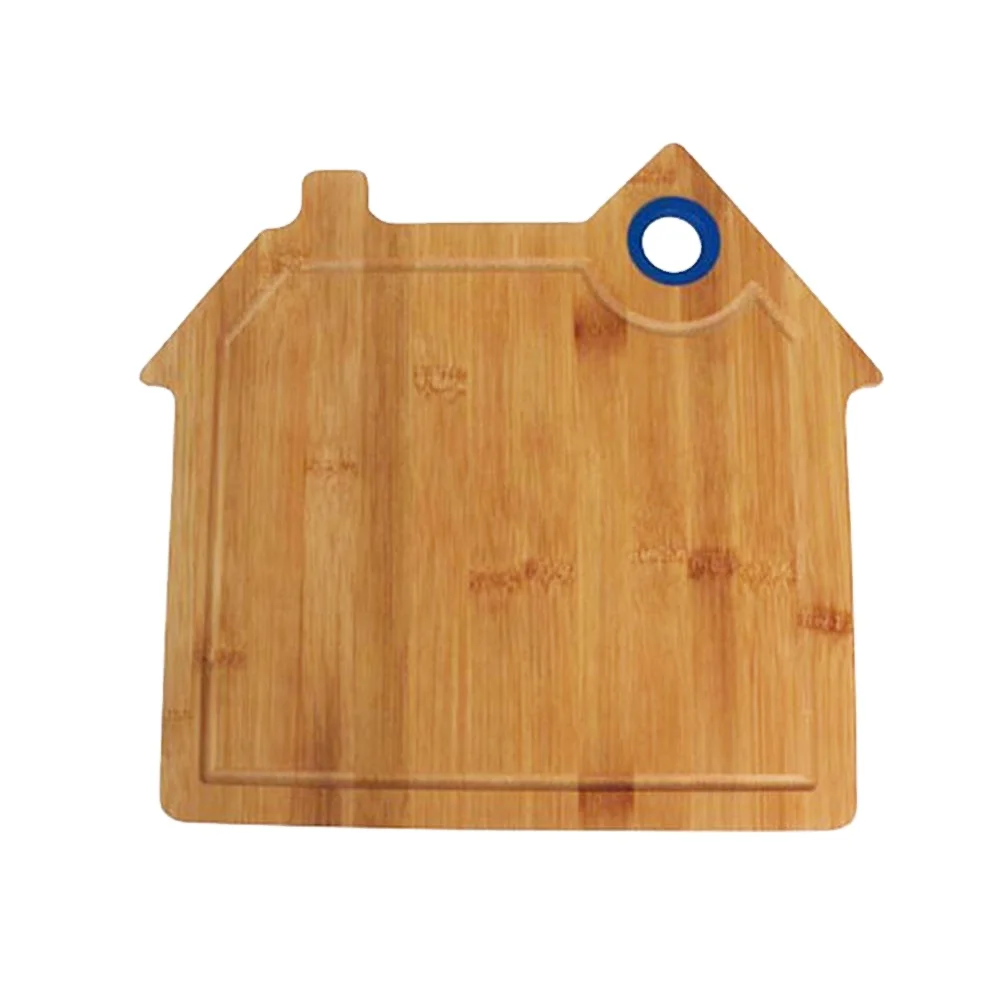 Smart house shaped bamboo cutting board with juice groove and silicone hanging hole