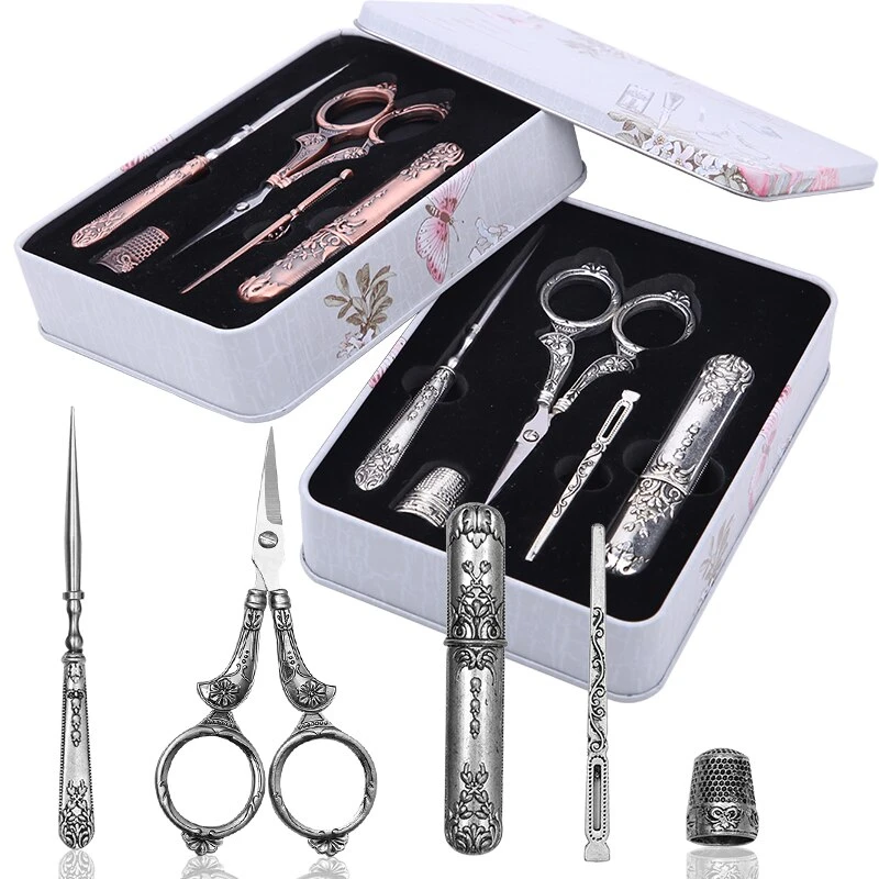 New 16Pcs Embroidery Scissors Kit Vintage Sewing Box Set Portable Sewing Knitting Tools