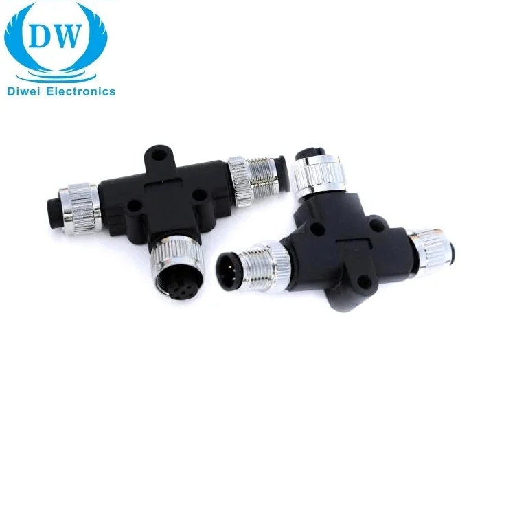 One Male to Two Female IP67 Waterproof T Type M12 Electrical Plastic T Connector