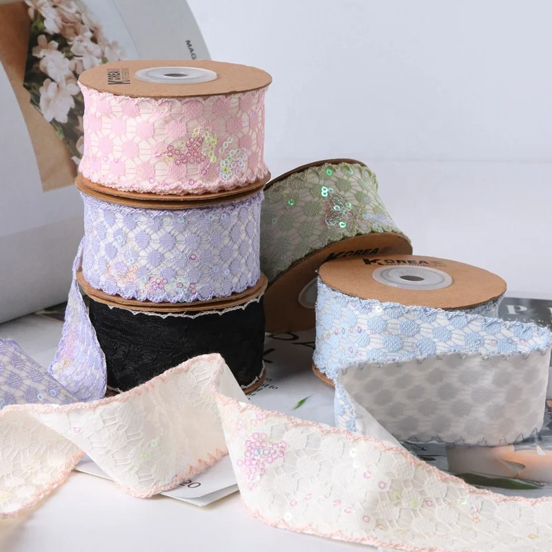 2023 new Korea style jacquard ribbon with small sequin for hair bows decoration new fashion embroidery sequin polyester ribbon