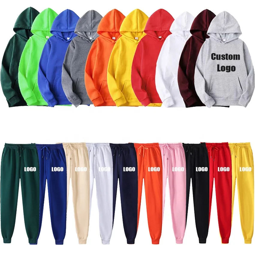 Custom logo embroidered hoodie men joggers jogging private label sweat suit set sweatshirt plain blank hoodie and sweatpants set