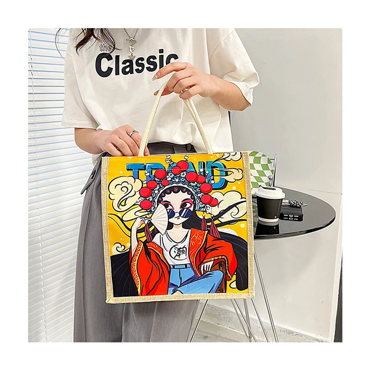 Wholesale Strawberry Pattern Printed Shoulder For Women Linen handbag with rope handle Women jute Tote Bag Eco Shopping Bag