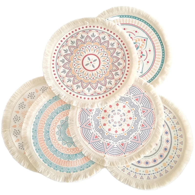 Wholesale Round Placemat Pompom Tassel Place Mats Jute Fringe Table Woven Boho Placemat Neutral Rustic Tablemats For Dining