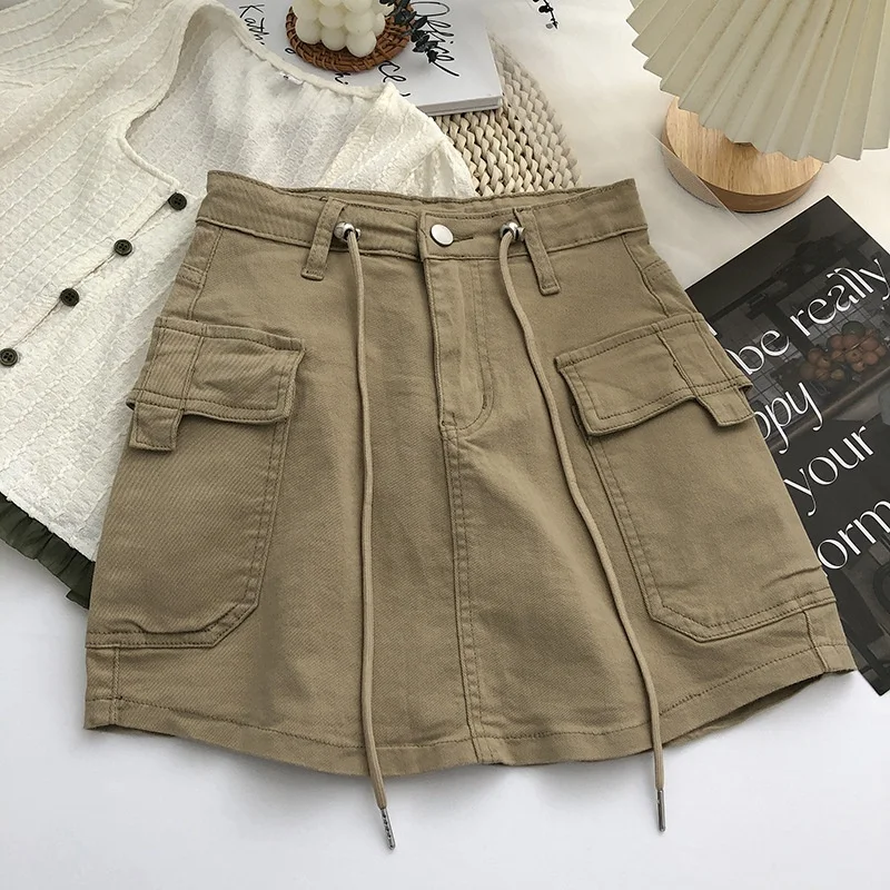 Black Army Green Khaki A-line Skinny Fit Sexy Skirt Women High Waist Cargo Skirts With Drawstring Pockets