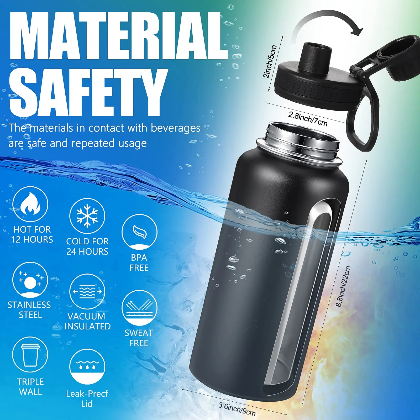 32oz 40oz Removable 2 in 1 Wide Mouth Stainless Steel Insulated Water Bottle Drinking Bottle BPA Free