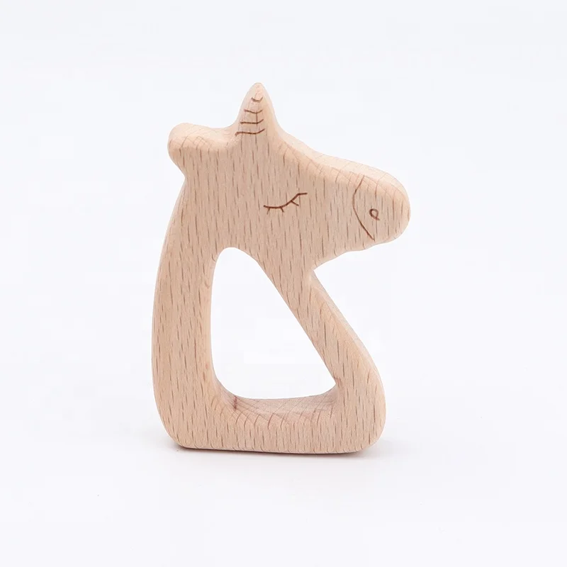 High Quality Diy Jewelry laser engraving Beech Animal Horse Baby Teether Toy Animal wooden teething toy