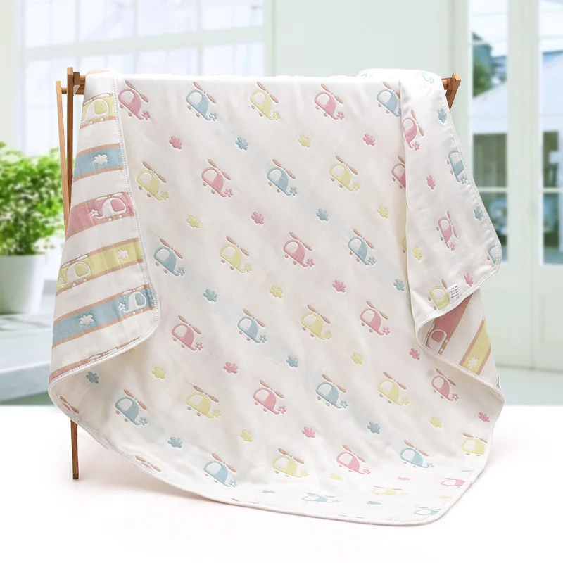 Dropshipping 6 layers print woodland strawberry muslin layered baby bath towel crinkle High-density cotton gauze swaddle blanket