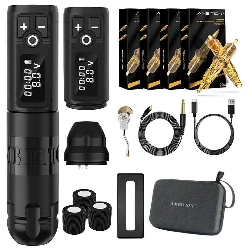 Ambition Soldier 2400mAh Digital Display Professional Wireless Rotary Tattoo Pen Machine Kit with 80pcs Cartridge for Body Art