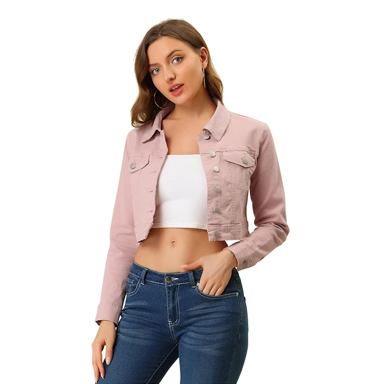 OEM Wholesale Custom Classic Long Sleeve Button Down Pink Denim Cropped Denim Jacket For Women