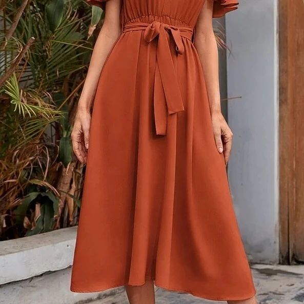 2023 New Arrival Boho Style Short Sleeves Women Ladies Daily Casual Elegant Long Midi Dresses