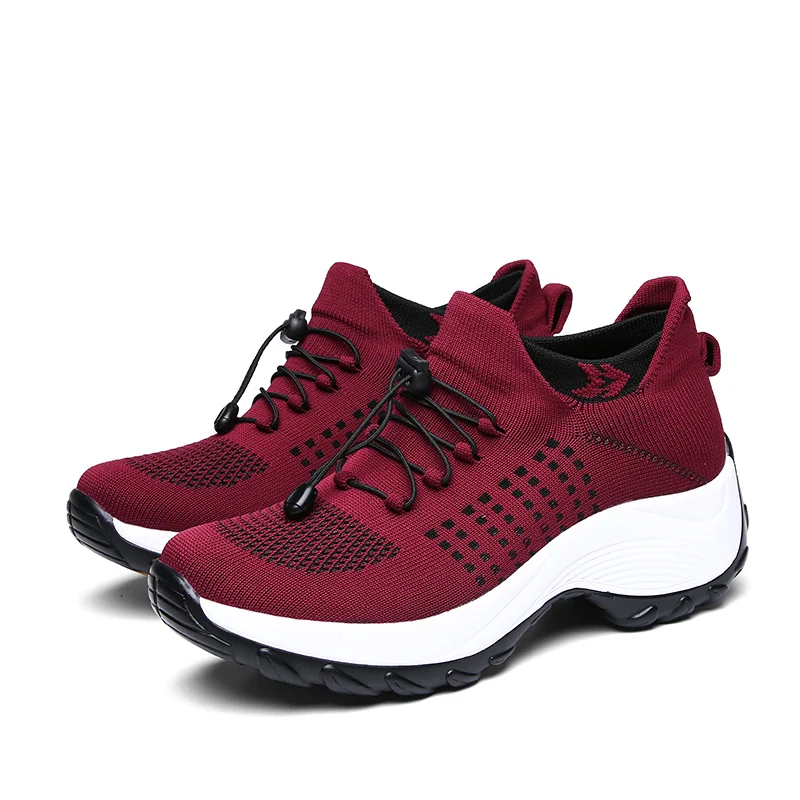 
Rocking Casual Shoes Flexible Fly Woven Large Size Mother Lace Up Platform Air cushion Sock Shoes Sneaker 