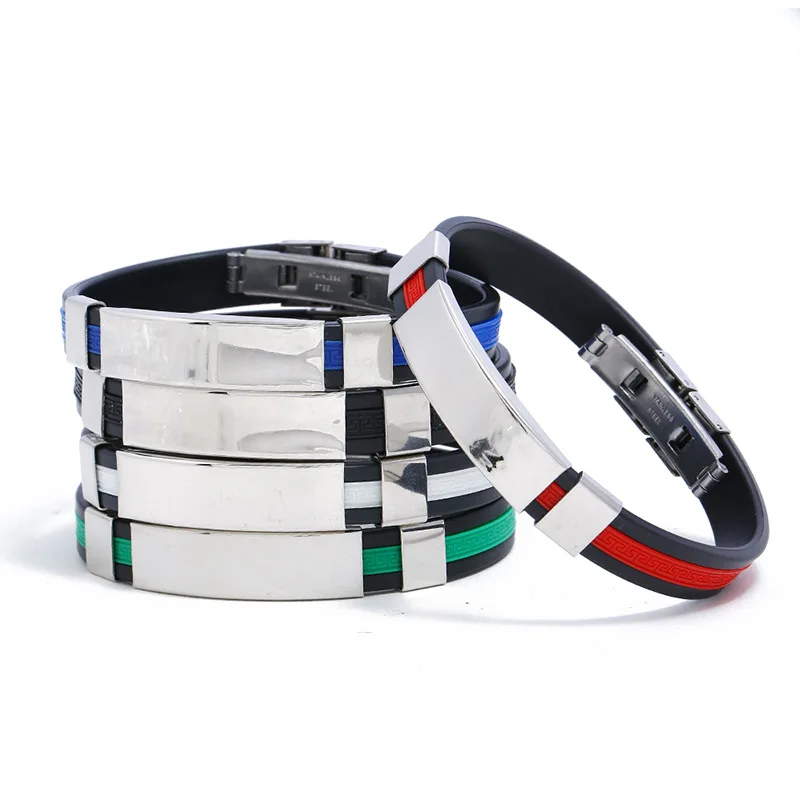 Handmade Leather Cuff Bracelet Custom Letter Name Engraved Stainless Steel Bracelet Men Bracelet Multi-color Silicone Wristbands
