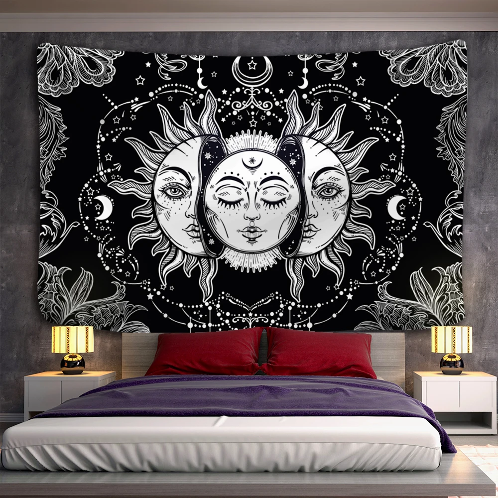 Custom Mandala Tapestry White Black Sun And Moon Tapestry Wall Hanging Tarot Hippie Wall Rugs Dorm Decor Blanket