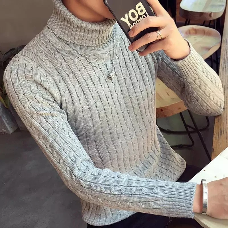 Turtleneck Sweater Mens Wool Knit Pullover Male Oversized  Men Sweater Korean Style solid color twist sweater