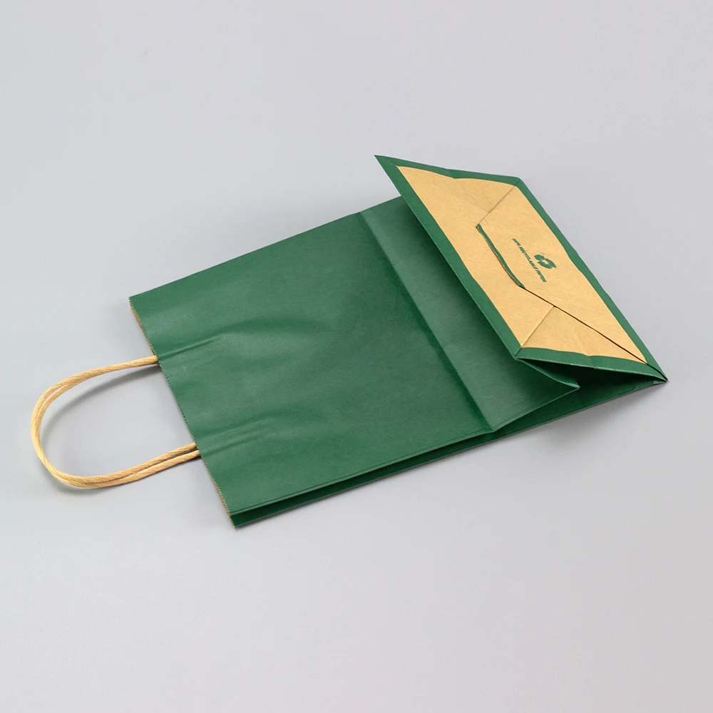 Recyclable Eco-Friendly Reinforced Handle Craft Paper Bag Custom Printed Logo Solid Durable Bottom Green Brown Kraft Paper Bag