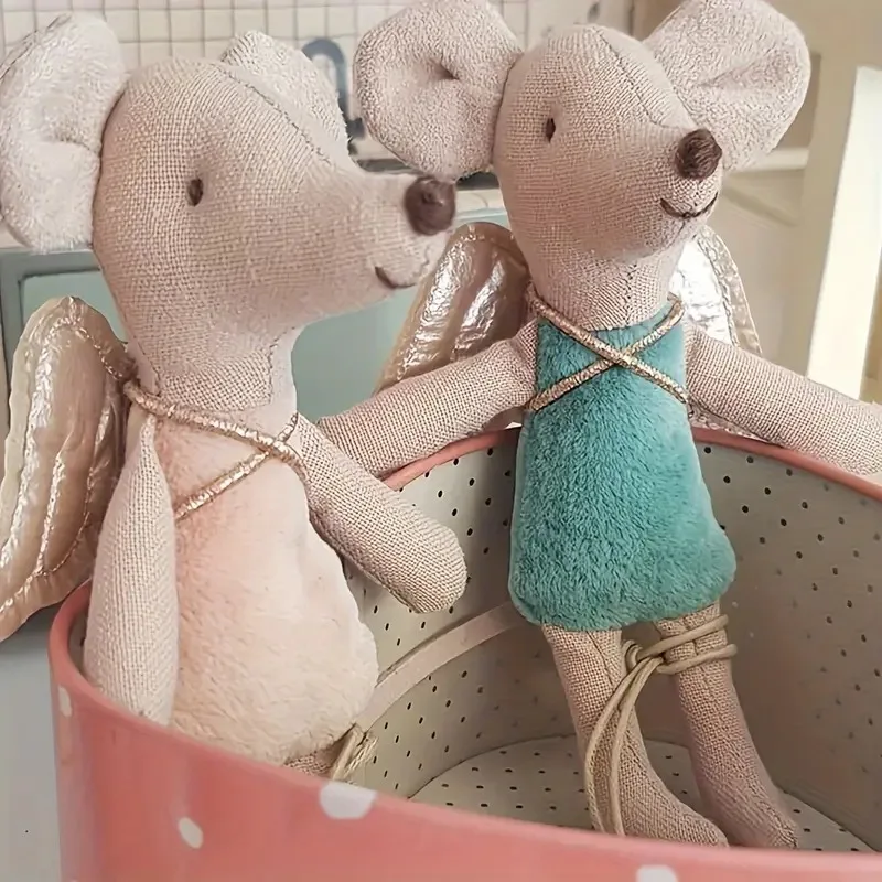 Nordic Style Fabric Angel Wing Mouse Doll with PP Filling Cute Animal Rag Doll Ornament for Birthday or Zodiac Gifts