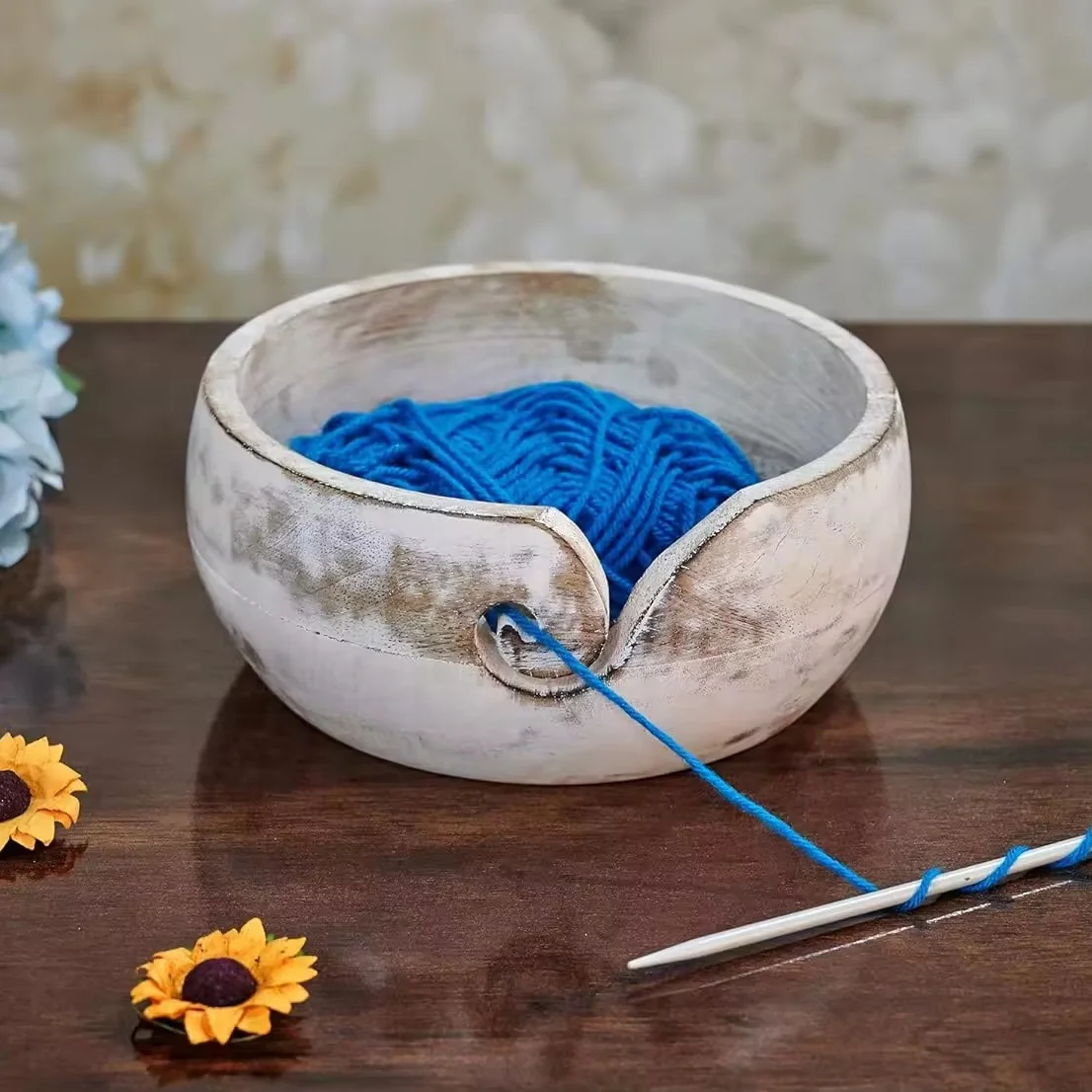 custom made wooden yarn bowls with white wash suitable for yarn and fiber stores
