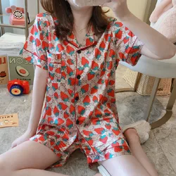 Summer Korean Sleepwear Short Sleeves Pijama En Seda Pillama Cortos Women Pajama Set 2 Piece Pyjama Femme D