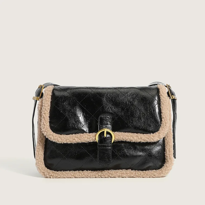 Factory Custom Faux Fur Satchel Shoulder Bag Brown Geometric PU Leather Sling Bags For Women Girls