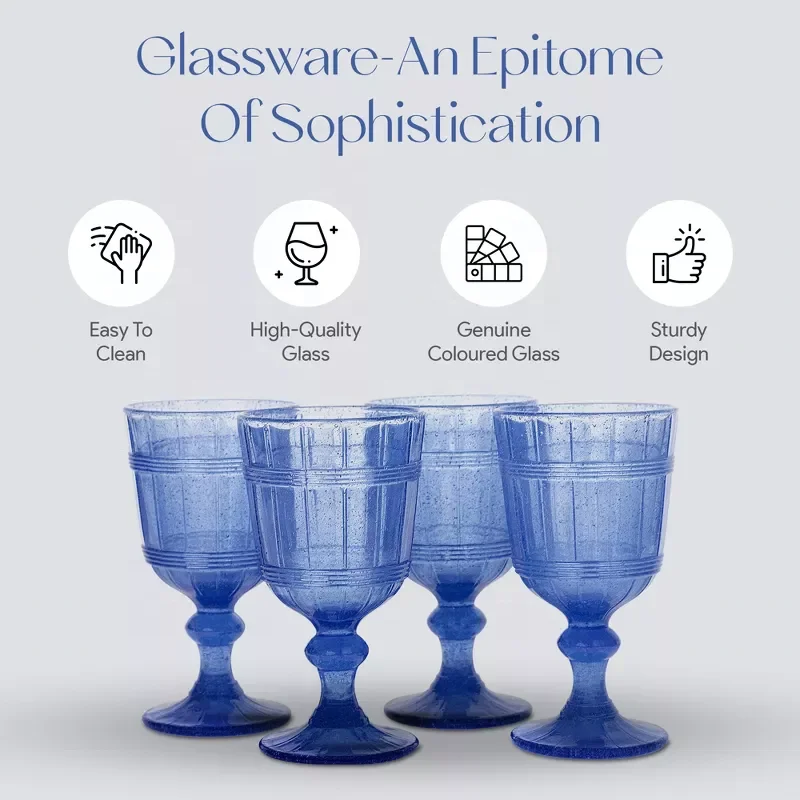 SUNYO Vintage Bubbles 11 Ounce Capacity Colored Wine Glasses Vintage Style Glassware Dishwasher Safe Set of 4 Blue Glass Cup