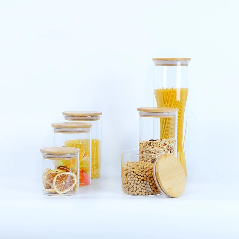 Glass Spice Jar With Wooden Lid Factory Wholesale Glass Food Storage Containers Jar Seal Bamboo Lids