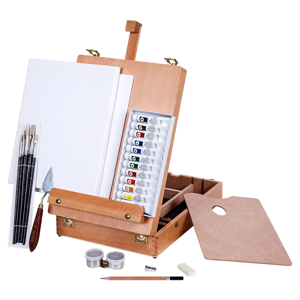 SINOART Wooden Box Painting Set With Stretched Canvas Wooden Palette palette knife 5 brushes and 12 acrylic colors