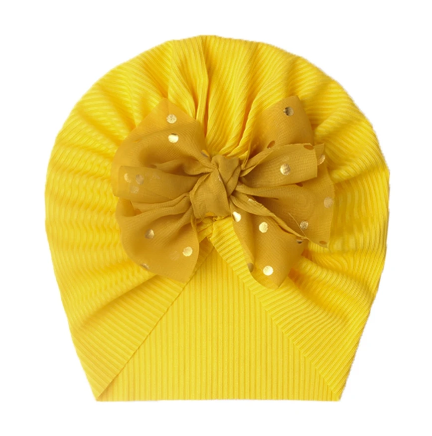 Wholesale Baby Ribbed Turban Big Shiny Bowknot Baby Headwraps Newborn Infant Chiffon Dot Knitted Beanies Toddler Kids Headwear
