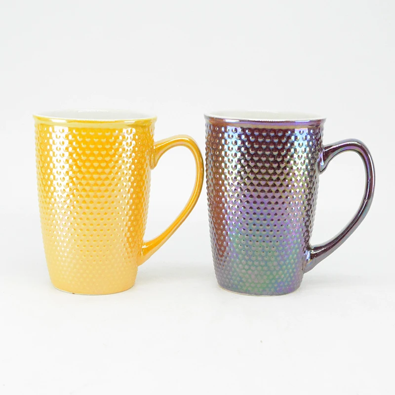 
China manufacturers colorful pottery porcelain custom mug pear glaze 3d ceramic embossed mug 