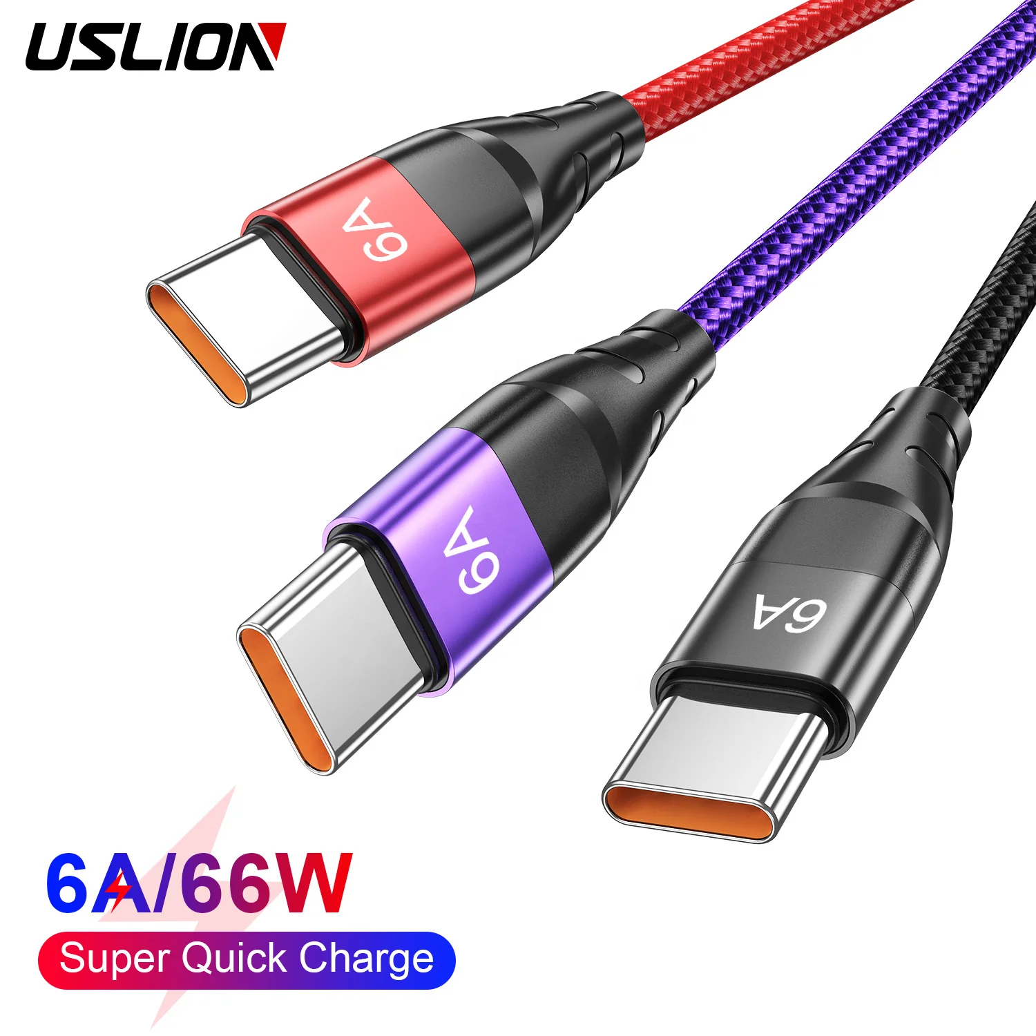 USLION USB 6A 66W Super Quick Charging Date Line Mobile Phone Fast Phone USBC Charging Cable USB Type C for Huawei Xiaomi