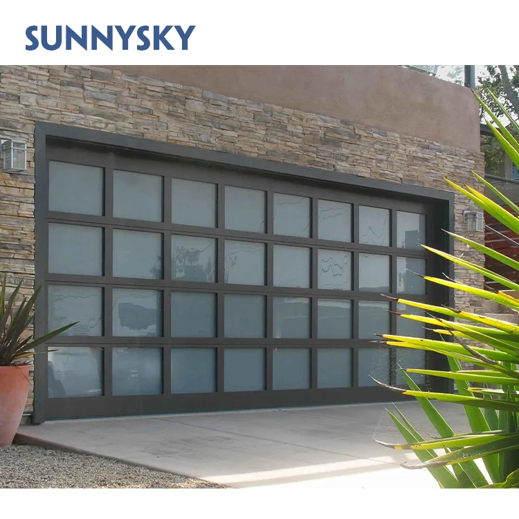 Sunnysky 16x8 Tempered Mirror garag door glass Automatic Sectional Commercial Aluminum Frameless Double Garage Doors