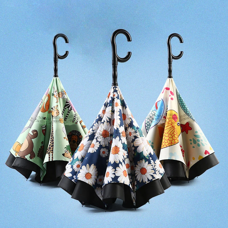 Customized printing auto open double layer straight reverse inverted umbrella with c handle hands free for rain car