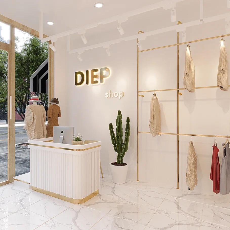 Custom Boutique Furniture Gold Stainless Steel Clothes Wall Display Shelf Hot Retail Fashion Girl Clothing Store Display Rack