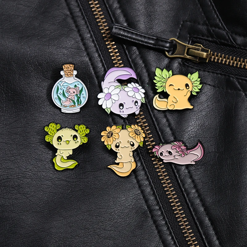 Cute Salamander Enamel Pins Custom Plant Sunflower Brooches Lapel Badges Cartoon Animal Jewelry Gift for Kids Friends