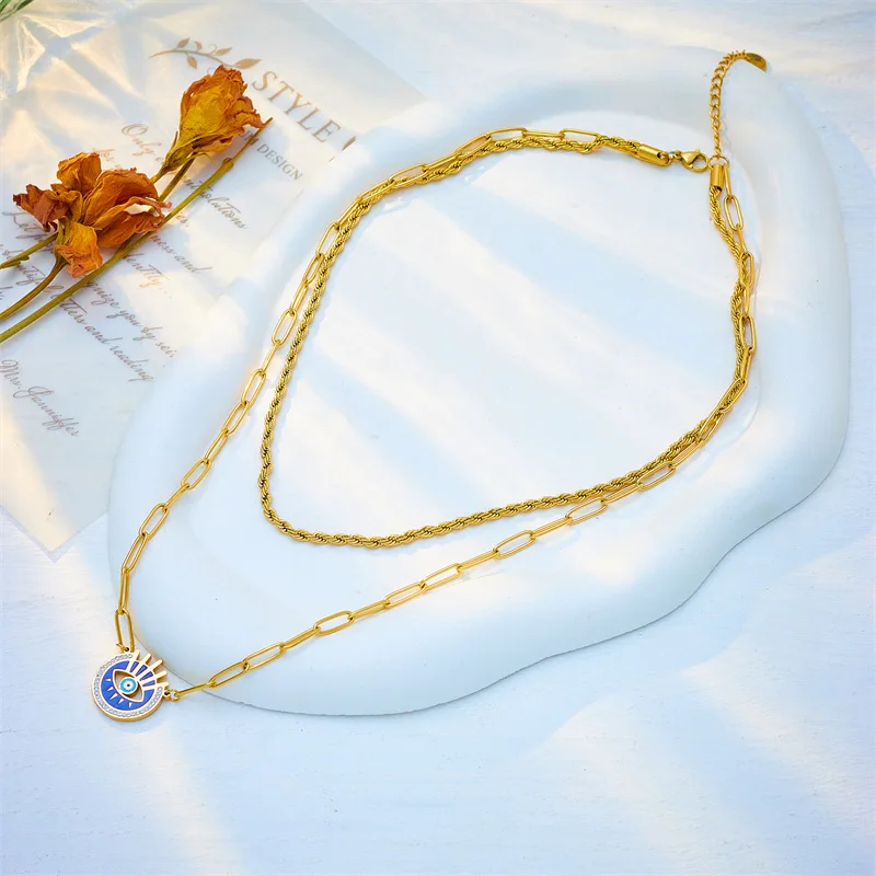 Stainless Steel Gold Blue Eyes Pendant Layered Necklace Handmade Protection Jewelry Amulet Adjustable Layering Chain  AM1011083