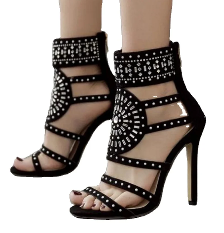 
101912 Iseeyoufirst Shoes Woman Sexy Roma Rhinestone Crystal Suede Sandals Peep-Toe Stiletto Heels Summer Gladiator Shoes 