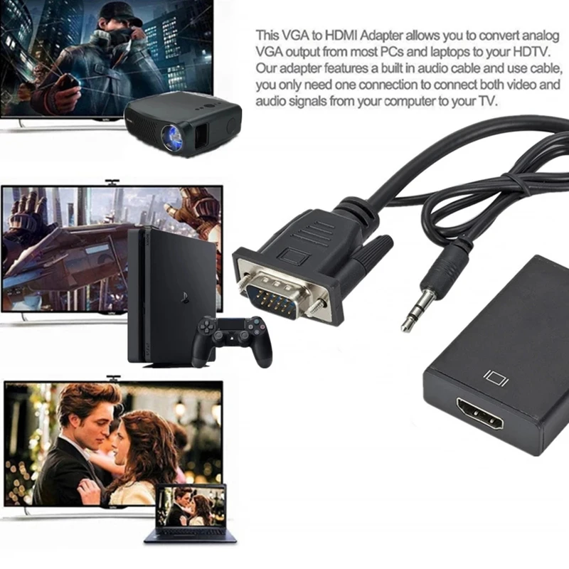 KUYiA 1080P VGA Male to HDMI Female Video Converter Adapter Cable for PC DVD HDTV with Audio Cable