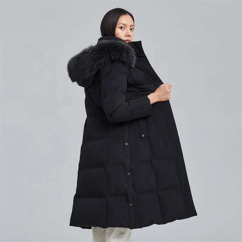 Luxury fox fur hooded warm women plus size winter coat long goose down jacket