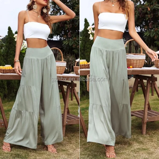 Elegant Fashion Linen Trousers 14 Colors High Waist Easy Home Walk Lounge Beach Vacation Layered Frill Loose Flare Pants