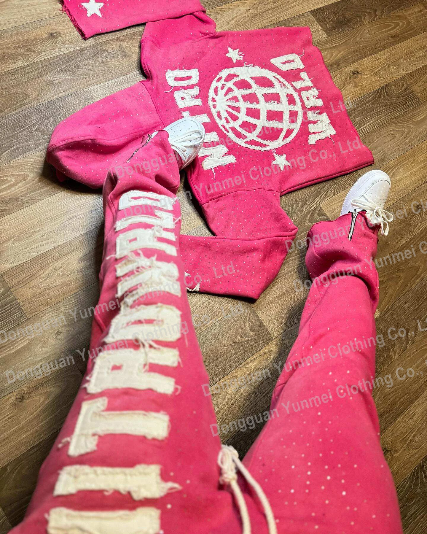 Custom Sweat Stack Pant Track Suits Acid Wash Tracksuit Rhinestone Zip Up Hoodie And Flare Sweatpants Sweatsuit Set For Men