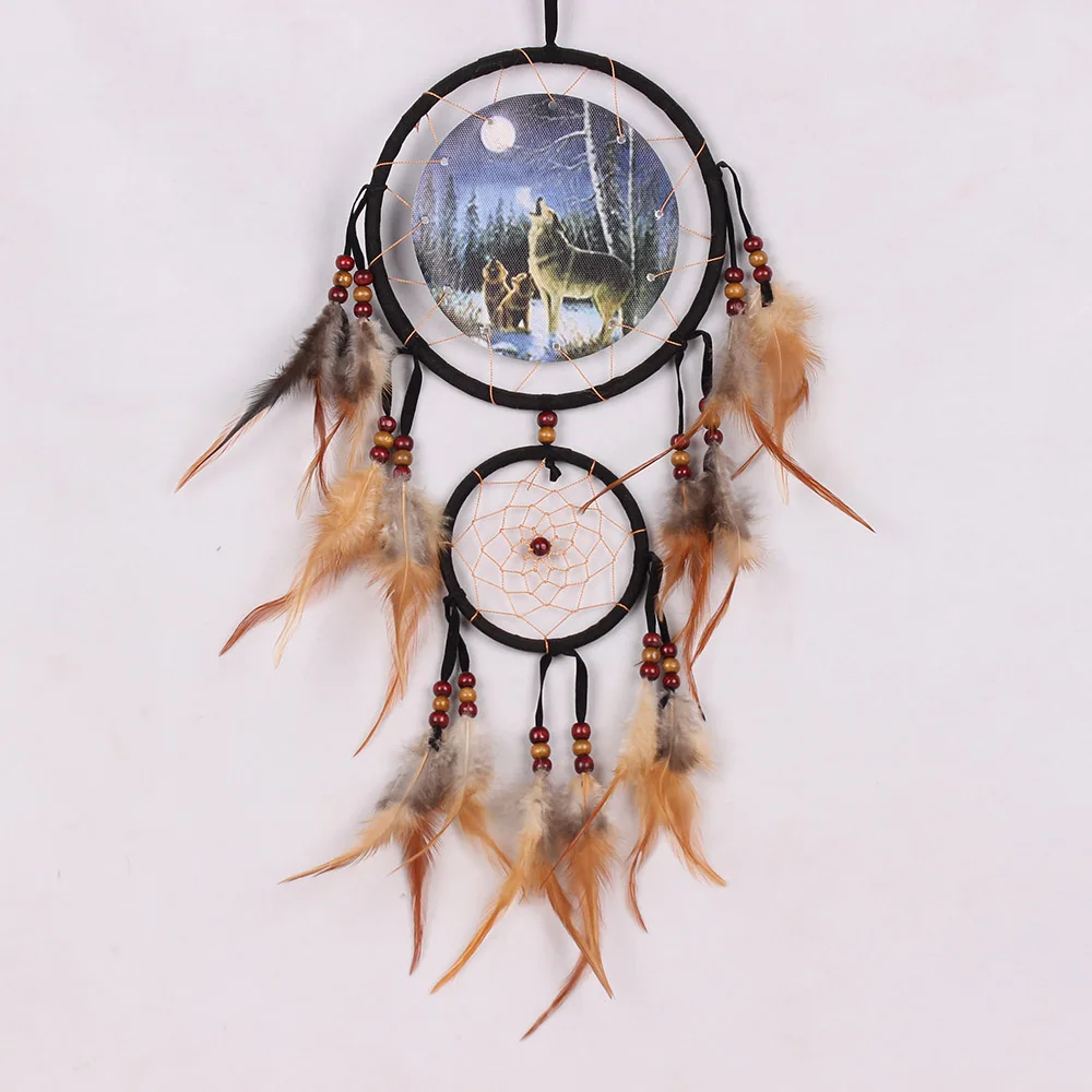 Wolf Printed Unisex Photo Frame Dream  Catcher 16 CM Double Rings For Wall Hanging With Natural Rooster Feather Home Decoration