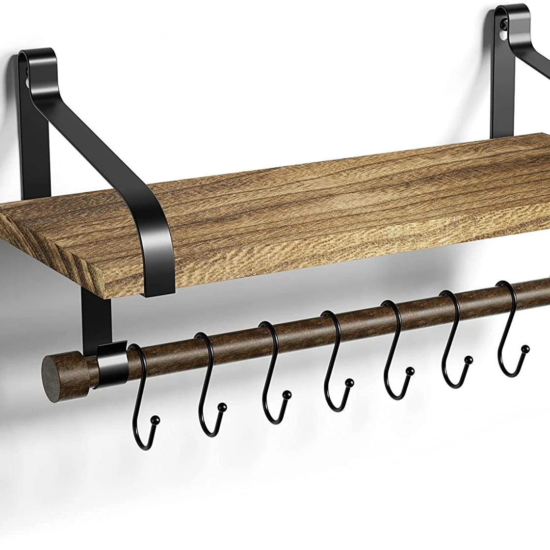 Плавающая настенная полка для хранения, деревянная кухонная полка для специй в деревенском стиле с вешалкой для полотенец и 8 съемными крючками для организации готовки