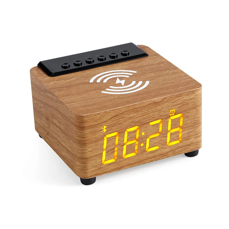Manufacturers wholesale selling wireless mobile phone charger wood grain bt speaker alarm clock LED display FM radio speak