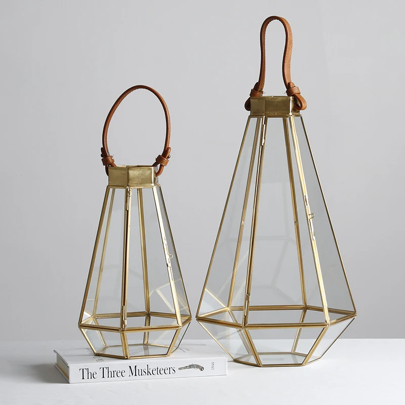 European Vintage Safe Gold Candlestick Holders Tea Light Geometric Table Lantern Clear Glass Hurricane Lantern Candle Holders