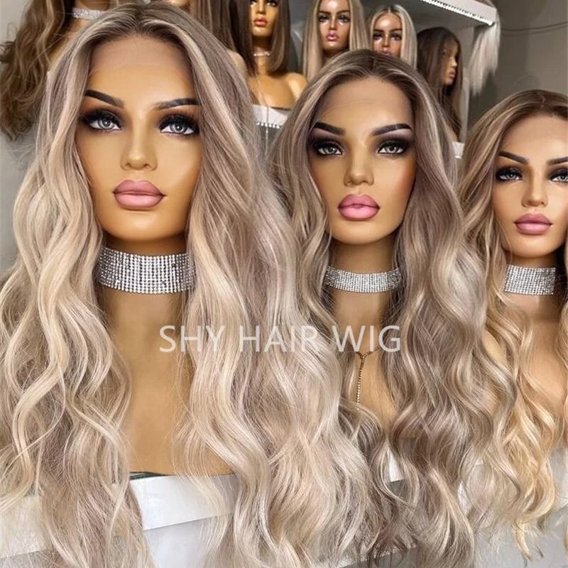 New blonde ombre color long wavy wig perruques naturel cheveux humain lace front wigs dark root with highlights ash blonde color