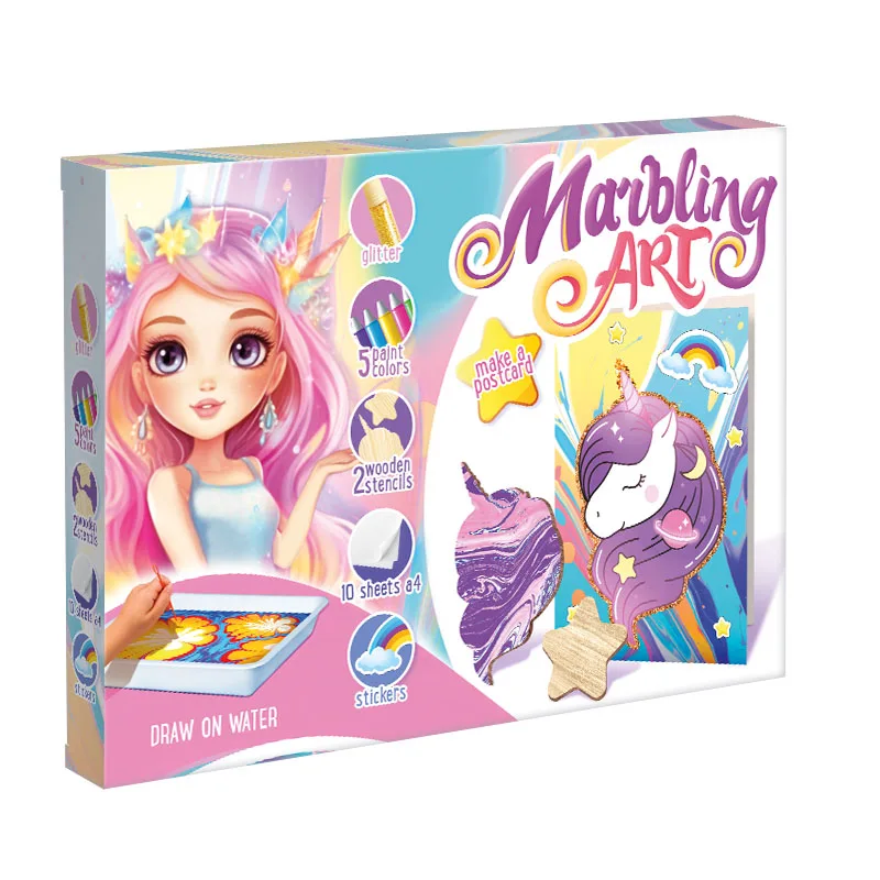 Marbling art Marbling Paint Kit Water Drawing Art Set create a postcard, DIY toys for kids cute unicorn