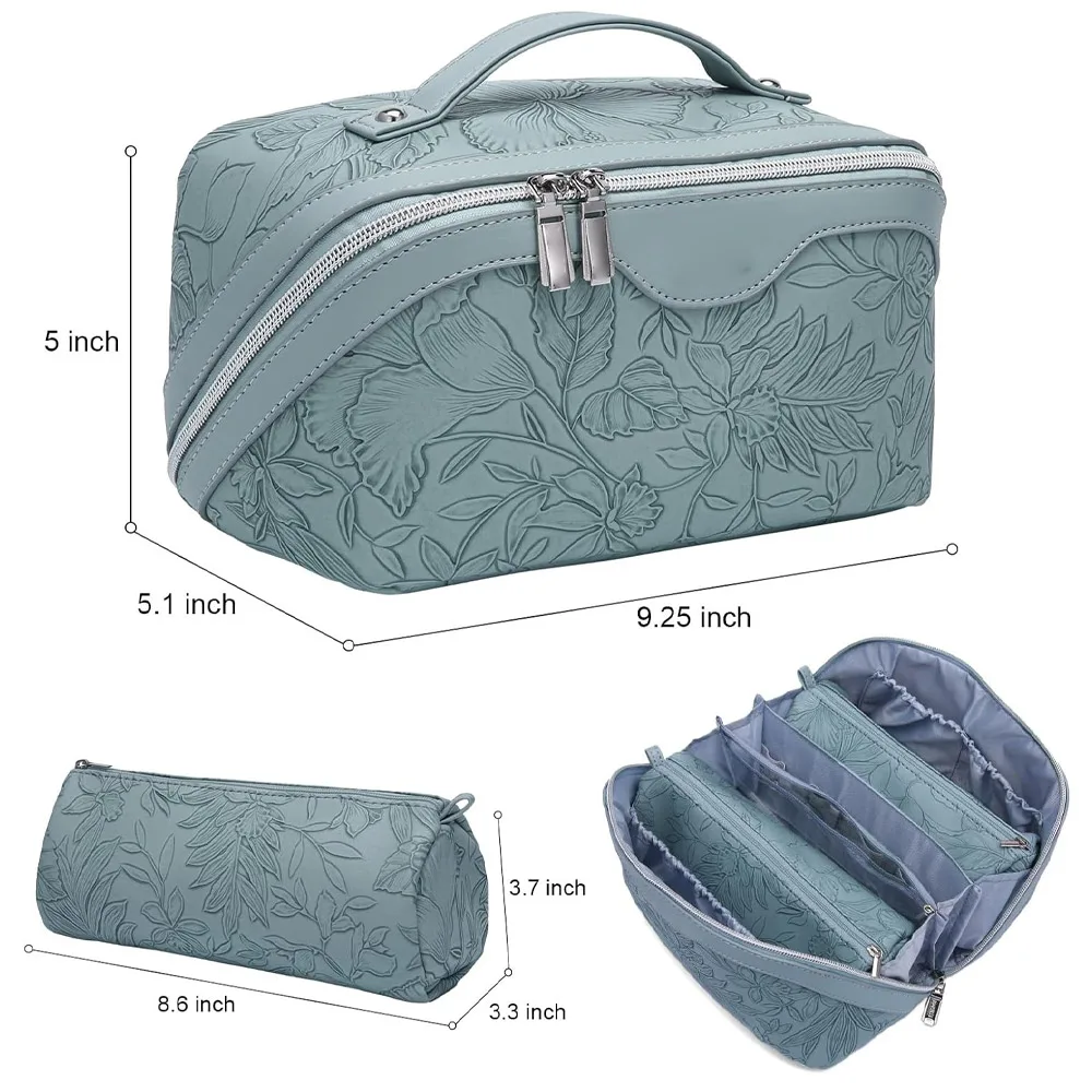 Large Capacity Waterproof PU Leather Brown Floral Patterned Travel Cosmetic Bag Portable for Women Makeup