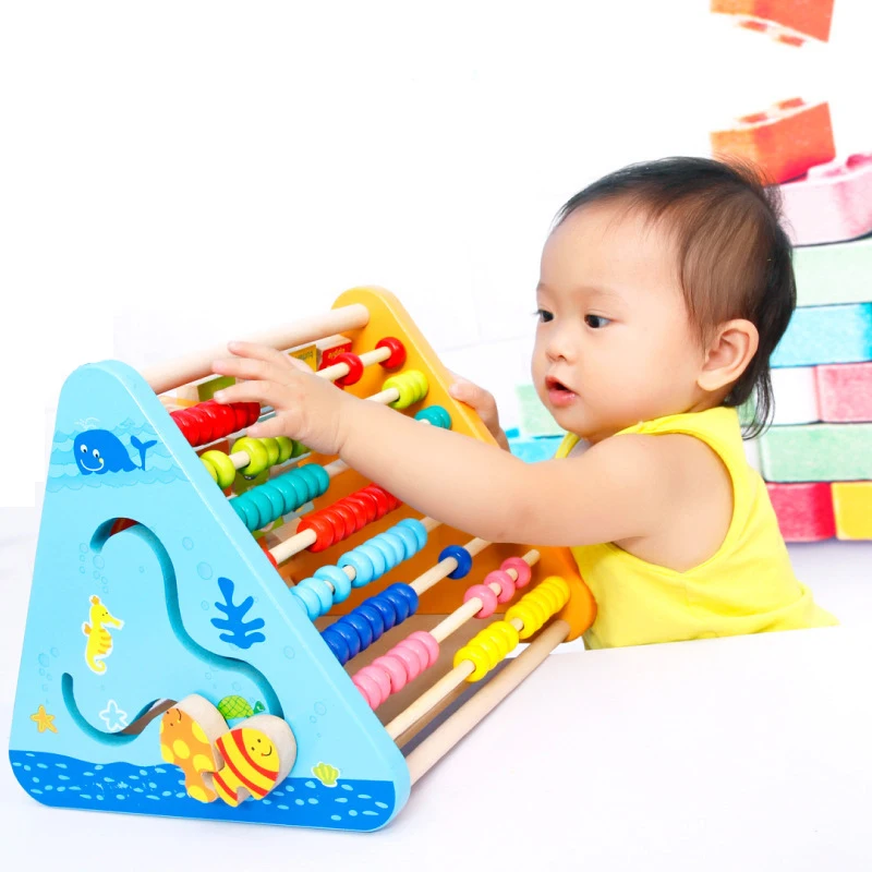 5 in 1 Wooden Baby Activity Triangle cube Abacus Clock Wooden Alphabet Blocks Drawing board Montessori Toy