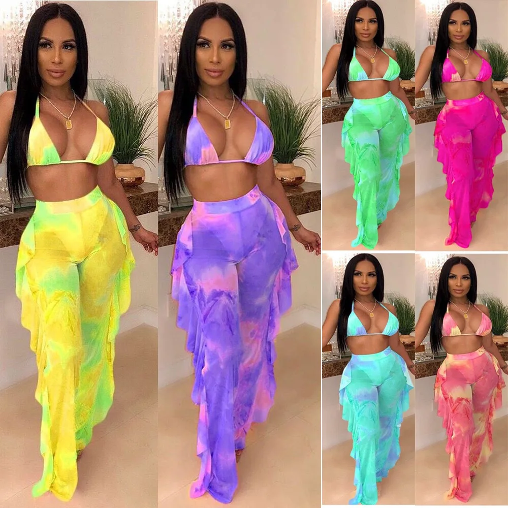 2021 Summer Wome Bikini Halter Sexy Swimsuits 2pcs Long Pant Bathing Suits High Waist Swimwear