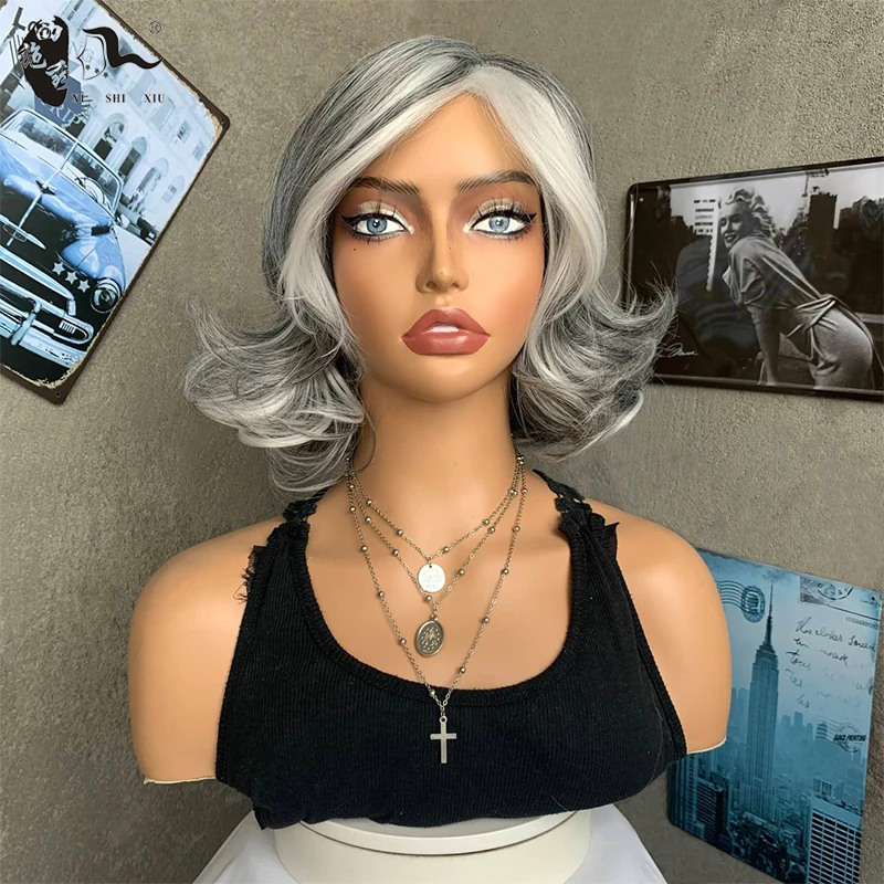 XISHIXIUHAIR short synthetic hair bob wig with kinky straight grey mixed color bob hair synthetic wigs for women